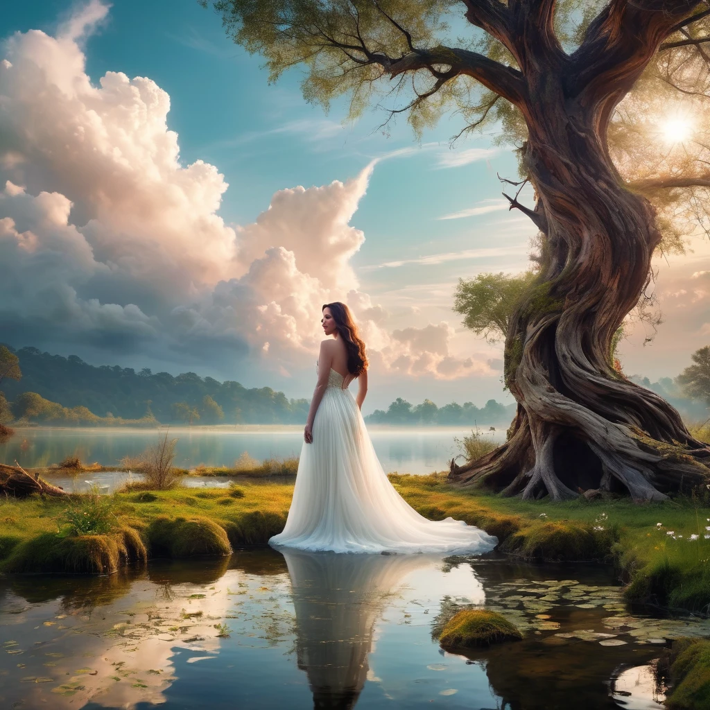 1 girl, (Liv Tyler in a celestial white dress),enchanting, pond setup, girl on one knee serene, distant from viewer, dynamic cloud landscape, gnarled and twisted tree trunk, soft natural lighting, digital art, vibrant color palette, best quality,4k,8k,highres,masterpiece:1.2,ultra-detailed,realistic,photorealistic,photo-realistic:1.37