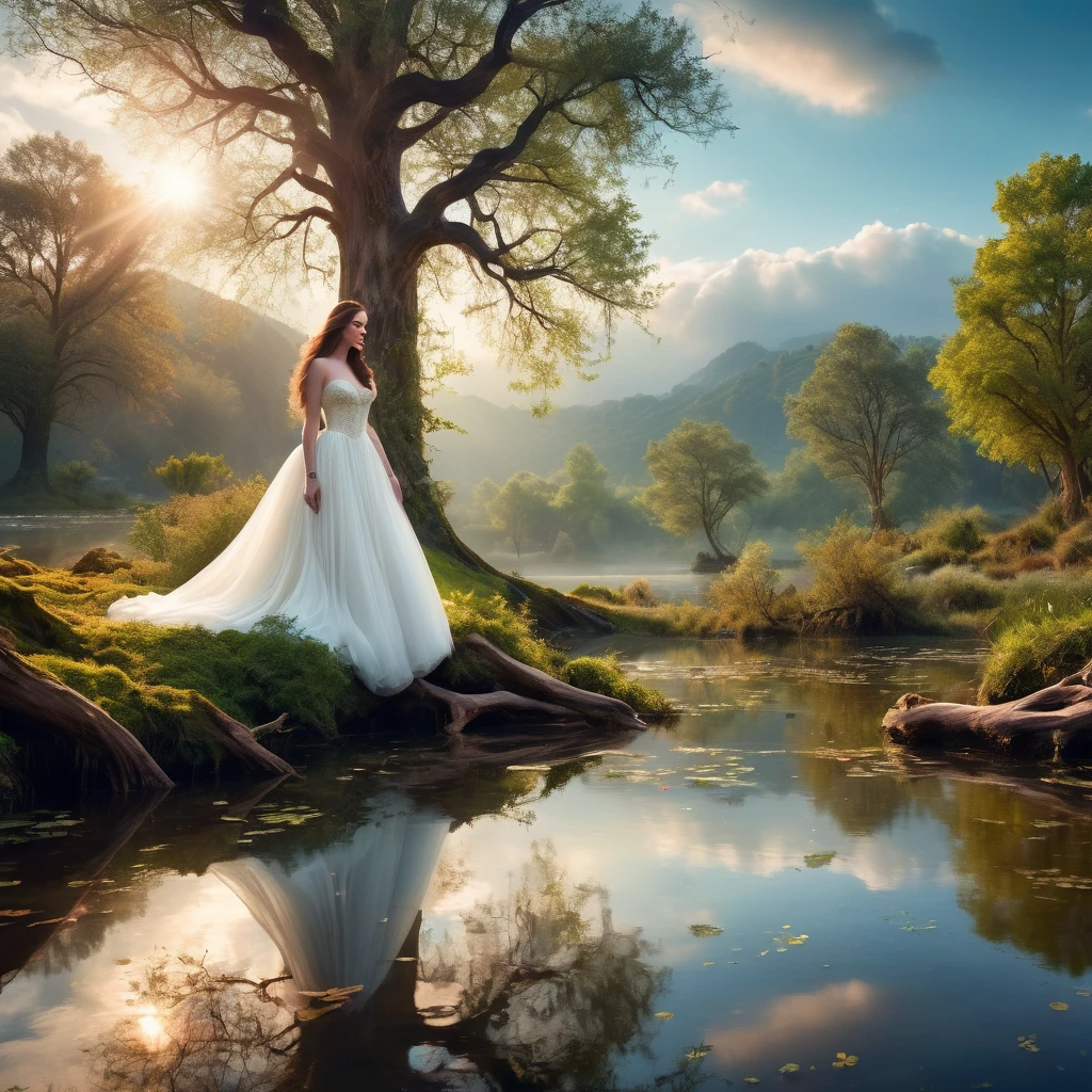 1 girl, (Liv Tyler in a celestial white dress),enchanting, pond setup, girl on one knee serene, distant from viewer, dynamic cloud landscape, gnarled and twisted tree trunk, soft natural lighting, digital art, vibrant color palette, best quality,4k,8k,highres,masterpiece:1.2,ultra-detailed,realistic,photorealistic,photo-realistic:1.37