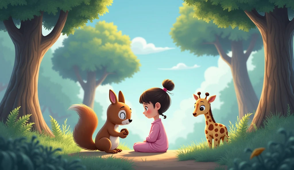 Sad squirrel with nut sits with  cartoon girl in pink pajamas and giraffe in forest