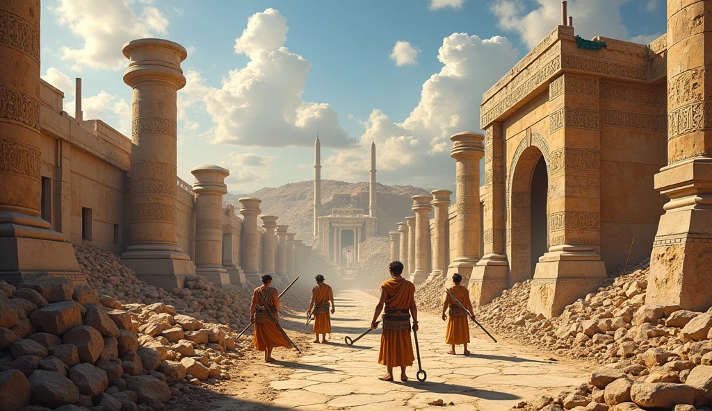 Create a (((environment that illustrates Minoan technological innovations2.5))) such as construction techniques, [navigation and metallurgy2], Show a construction site with (((workers using advanced tools3))) and a complex plumbing system, highlighting the organization and sophistication of Minoan cities.
