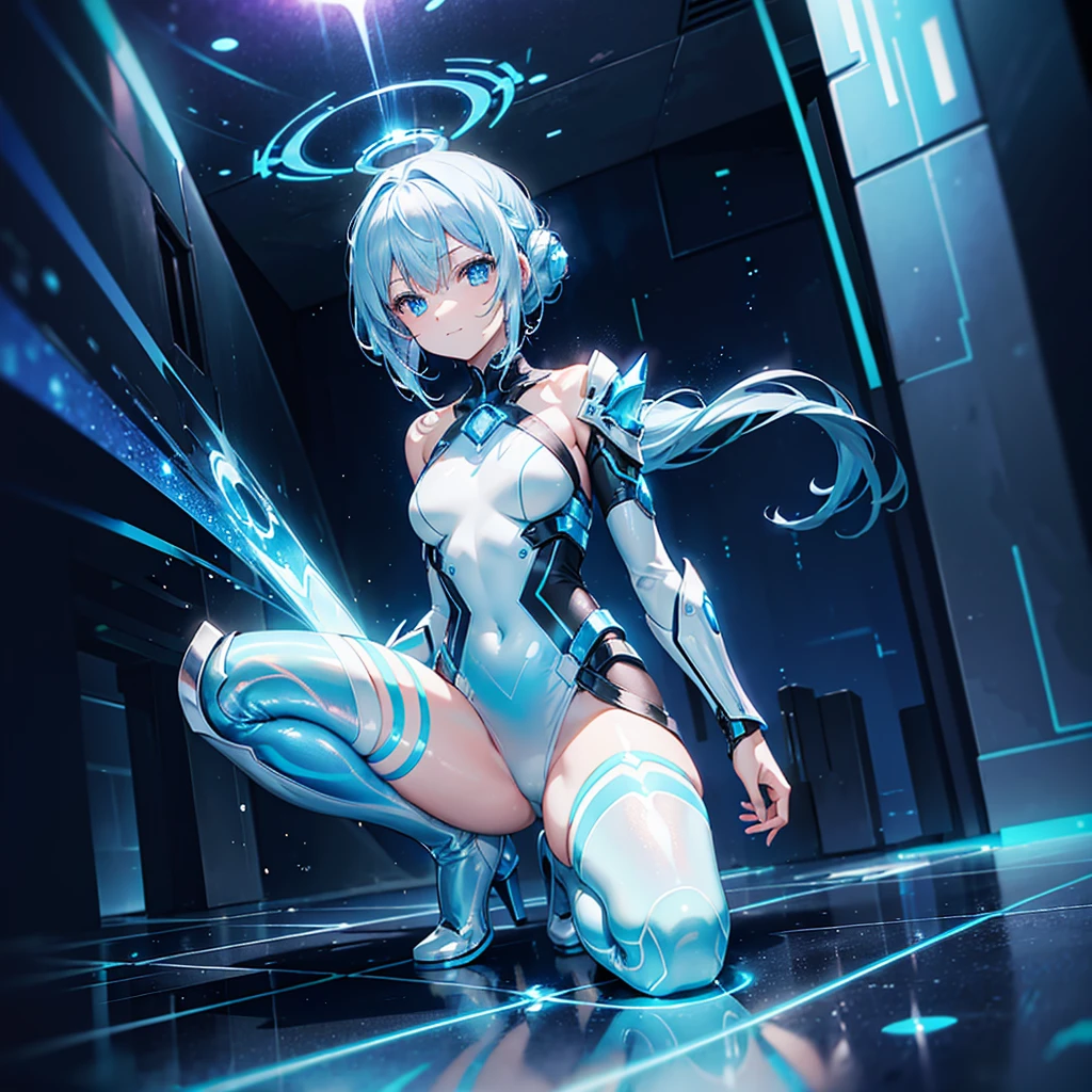 ((Holographic glow effect)),8k, Highest quality, (real:1.4), Original photo, 1 person, Asari Hair, Biological Amplifier, Very sleek and futuristic armor, posture: Peace talks between warring factions,,attention arousal, smart blue eyes,A modest smile,Knee-high boots,Patent-look blue tights,Blue big moon and blue light swirl in the background,Blue light from behind,blue light magic,A small, glowing blue ball in the palm of your hand,Blue flame swirl,Blue Comet,Polished floor,