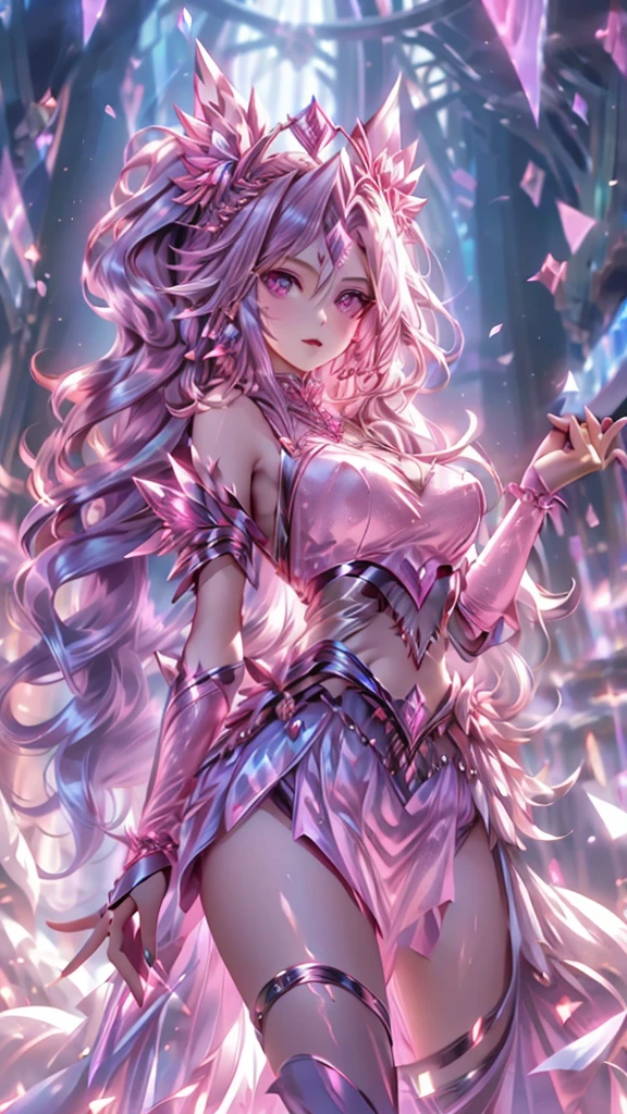 First place girl,Long flowing pink hair,head ornaments,Mid-chest,Pink lace dress,Chest gem,Steel armor gloves,steel high heels,.best quality,masterpiece,Ultra-high resolution(2:0),shuriken,The steel sword is long and sharp,The sword has magic runes attached to it,