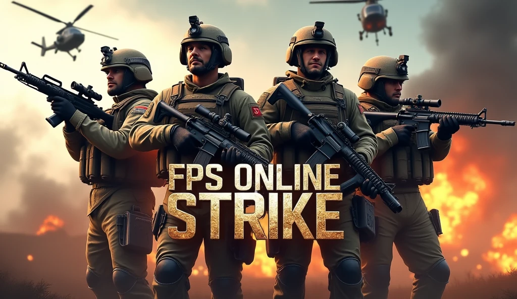 The image shows four soldiers in full military gear standing in a row, each equipped with weapons such as rifles. They appear ready for battle, with a backdrop that includes explosions and helicopters. The title "FPS Online Strike" is prominently displayed in the center, indicating that this is likely a promotional image for a first-person shooter (FPS) game.

### Detailed Prompt:
"Create a dynamic promotional image for an FPS (First-Person Shooter) online game. The scene should feature four highly detailed soldiers in full combat gear, each holding different weapons like assault rifles and sniper rifles. The soldiers should appear ready for battle, standing in a formation with a dramatic backdrop of explosions, fire, and helicopters in the sky. The title 'FPS Online Strike' should be prominently displayed in the center with bold, metallic text. The overall mood should convey intensity, action, and military strategy."