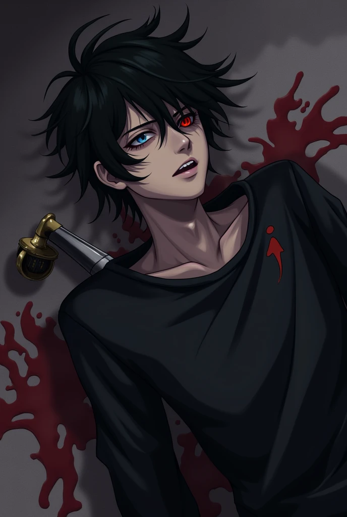 AN unconscious and dying male character with black hair thrown to one side, a black sweatshirt with red details and a katana