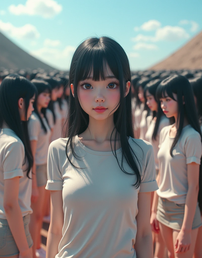 (((((Japanese Clone girls=Myself)))))), (((Best Super High quality Myself Clone girls Raw Photography Art))), (16K, Highest quality, Ultra-high resolution, RAW Photos), (((It's so unrealistic., With unparalleled depiction, With an unfathomable sight, An unprecedented and shocking worldview, Clone girls in a world of mass reproduction, Ultra-realistic))), (((Japanese, woman, 18yo, Ogura Yuko))), (Small face, ((Thick black hair, Semi-long hair))), ((V-neck short-sleeve dress)), (((((Very detailed美しい女体, Accurate body structure, Very detailed完璧な, Super busty body with very large breasts, Clearly emphasizes cleavage))))), (((Dark Eyes, Mature face, Cute Smile, A gentle gaze))), (((Her happy and smiling expression is so cute))), ((((((((Very detailed分身増殖描写, ((1girl→Myself cloning→1,000,000,000,000,000,000,000,000,000,000,000,000,000,000,000,000,000,000,000,000Myself Clone girls)))))))))), ((((((((Very detailed, The precise depiction of the proliferation of Myself Clone girls, ((With the perfectly identical bodies of Myself clone girls, With the exact same face as the Myself clone girls, With the exact same hairstyle as the Myself clone girls, In the exact same clothes as the girls who are my clones, Perfectly the same height as the Myself clone girls, Super big breasts, just like the Myself clone girls)))))))))), (((Myself clone girls only))), (((Multiple pairs, Very detailed depiction, (Myself clone girls hug each other, Myself clone girls assemble, Fun conversations with fellow Myself clone girls, A fun conversation between Myself clone girls, Myself clone girls holding hands, Walking with lots of Myself clone girls)))), (((Everyone looks at the camera))), (((Unbelievably crowded, Transcendent Myself clone girls intimately, Countless Myself clone girls surround you in 360 degrees))), (Bright, soft sunlight), (((Very wide field of view, Very detailed, Detailed ultra-perspective depiction with clear depth, wide view))), (((((Landscape with a curved slope))))), (((Very photographic and detailed depiction, Myself clone girls will multiply infinitely and fill the surroundings from one side to the horizon with their bodies tightly packed together without any gaps., A scene of endless Myself clone girls and a fun atmosphere))), (Focus on the average value of the image)