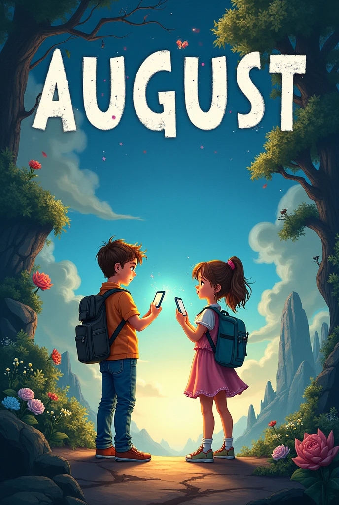 A book cover with title AUGUST with a boy and girl in a sperate world with their phone