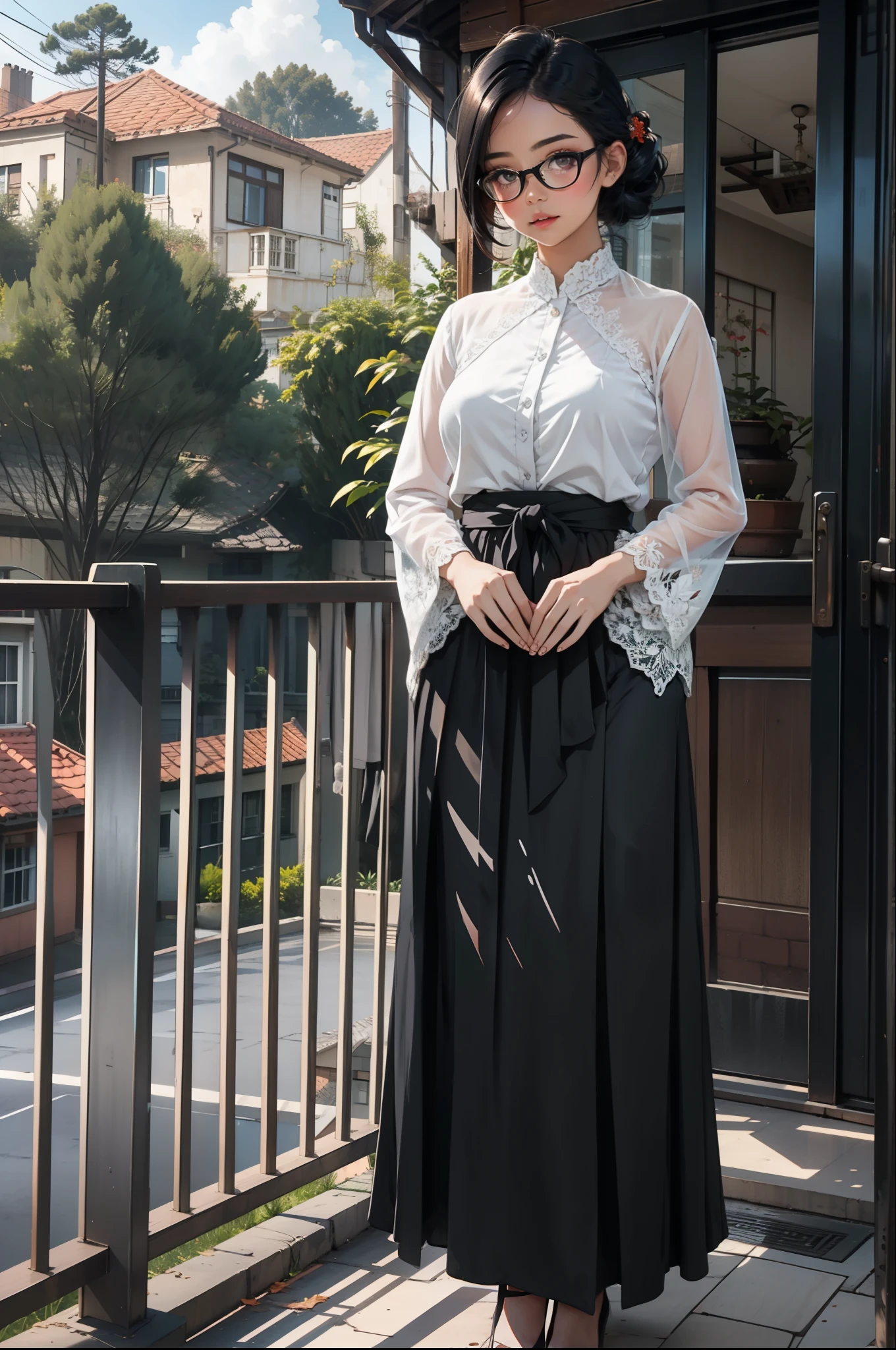 1 girl, black updo hair, glasses, tall girl, large breast, wearing traditional white lace kebaya and long black skirt , standing, outside balcony house, fullbody shot,, curios face, detail eyes, detail face, blushing, standing on floor, 