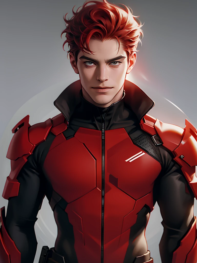 Man with short hair, Red hair, looks at the camera, Smirk, futuristic suit, 