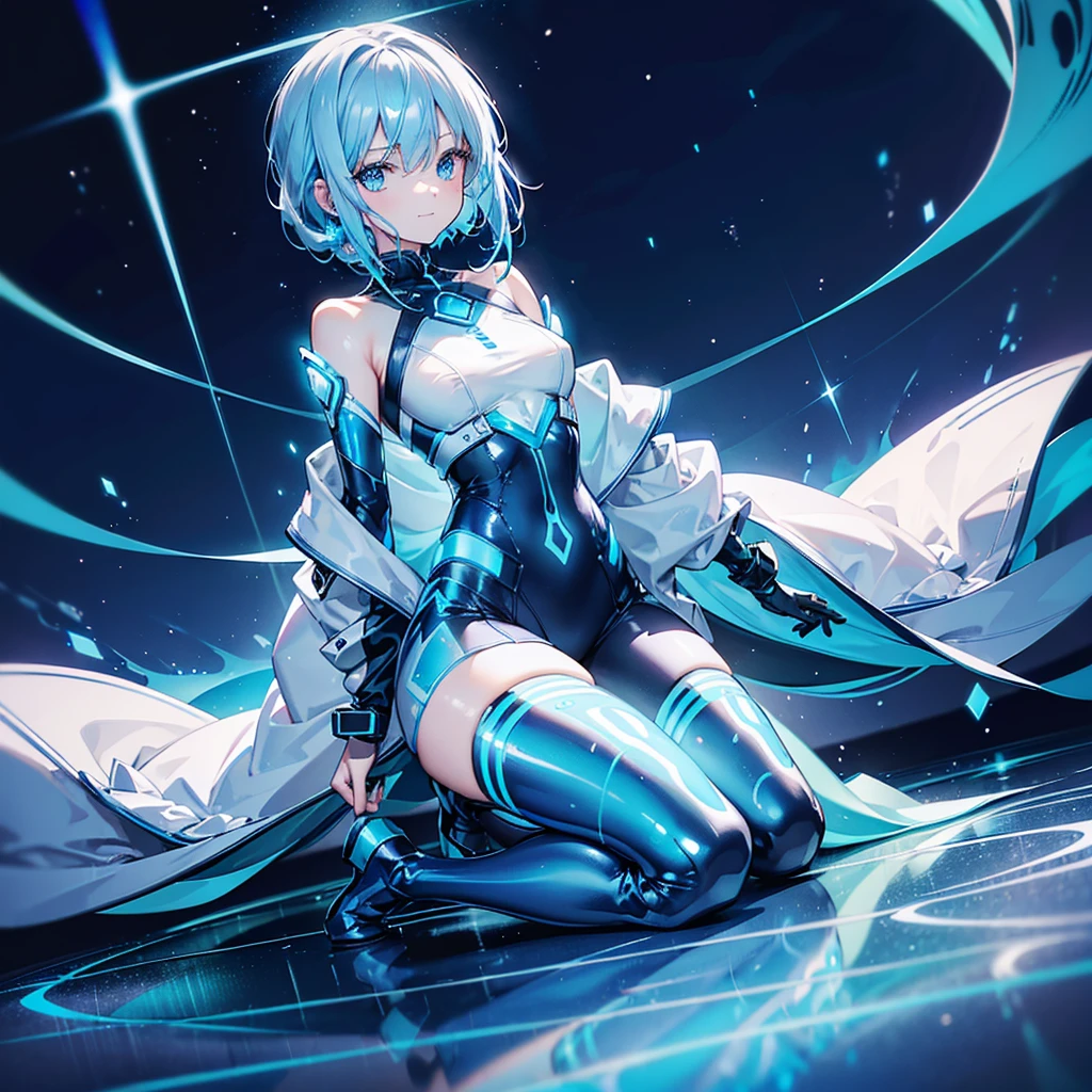 ((Holographic glow effect)),8k, Highest quality, (real:1.4), Original photo, 1 person, Asari Hair, Biological Amplifier, Very sleek and futuristic armor, posture: Peace talks between warring factions,,attention arousal, smart blue eyes,A modest smile,Knee-high boots,Patent-look blue tights,Blue big moon and blue light swirl in the background,Blue light from behind,blue light magic,A small, glowing blue ball in the palm of your hand,Blue flame swirl,Blue Comet,Polished floor,