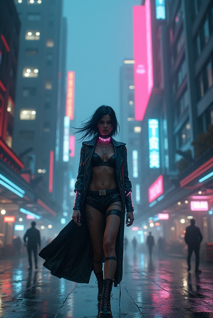 a cyberpunk girl, futuristic cityscape, neon lights, walking, glowing skyscrapers, holographic displays, rainy atmosphere, advanced technology, glowing signs, high-tech architecture, dramatic lighting, glowing cybernetic implants, intricate details, intricate machinery, photorealistic, 8k, hyper detailed, cinematic composition, dramatic lighting, vibrant colors, moody atmosphere