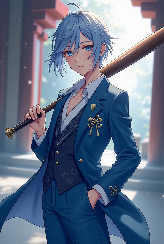 Anime character holding a baseball bat and a blue suit, Hess Jinyao, Inspired by Bian Shoumin, beautiful androgynous prince, zhao yun, Masamune shiro, The delicate androgynous prince, Masamune, From the Sengoku period, Inspiration from Guan Daocheng, Chai Sukun, Inspired by Zhu Derun