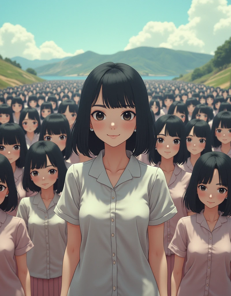 (((((Japanese Clone girls=Myself)))))), (((Best Super High quality Myself Clone girls Raw Photography Art))), (16K, Highest quality, Ultra-high resolution, RAW Photos), (((It&#39;s so unrealistic., With unparalleled depiction, With an unfathomable sight, An unprecedented and shocking worldview, Clone girls in a world of mass reproduction, Ultra-realistic))), (((Japanese, woman, 18yo, Ogura Yuko))), (Small face, ((Thick black hair, Semi-long hair))), ((V-neck short-sleeve dress)), (((((Very detailed美しい女体, Accurate body structure, Very detailed完璧な, Super busty body with very large breasts, Clearly emphasizes cleavage))))), (((Dark Eyes, Mature face, Cute Smile, A gentle gaze))), (((Her happy and smiling expression is so cute))), ((((((((Very detailed分身増殖描写, ((1girl→Myself cloning→1,000,000,000,000,000,000,000,000,000,000,000,000,000,000,000,000,000,000,000,000Myself Clone girls)))))))))), ((((((((Very detailed, The precise depiction of the proliferation of Myself Clone girls, ((With the perfectly identical bodies of Myself clone girls, With the exact same face as the Myself clone girls, With the exact same hairstyle as the Myself clone girls, In the exact same clothes as the girls who are my clones, Perfectly the same height as the Myself clone girls, Super big breasts, just like the Myself clone girls)))))))))), (((Myself clone girls only))), (((Multiple pairs, Very detailed depiction, (Myself clone girls hug each other, Myself clone girls assemble, Fun conversations with fellow Myself clone girls, A fun conversation between Myself clone girls, Myself clone girls holding hands, Walking with lots of Myself clone girls)))), (((Everyone looks at the camera))), (((Unbelievably crowded, Transcendent Myself clone girls intimately, Countless Myself clone girls surround you in 360 degrees))), (Bright, soft sunlight), (((Very wide field of view, Very detailed, Detailed ultra-perspective depiction with clear depth, wide view))), (((((Landscape with a curved slope))))), (((Very photographic and detailed depiction, Myself clone girls will multiply infinitely and fill the surroundings from one side to the horizon with their bodies tightly packed together without any gaps., A scene of endless Myself clone girls and a fun atmosphere))), (Focus on the average value of the image)