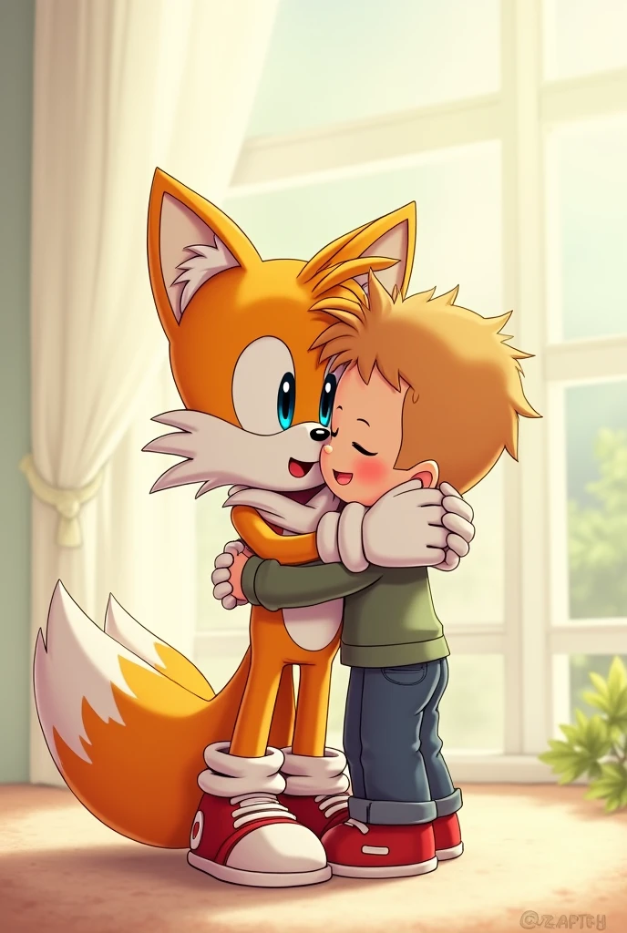 Tails hugging a younger boy with his shoes and gloves on 