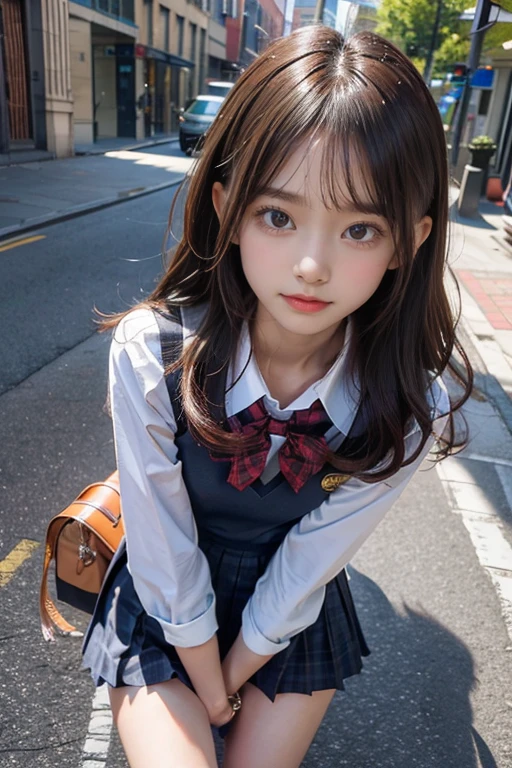 leave,actual,high quality, Detailed image,best quality,High resolution,A beautiful slim girl,Feminine,flat chest,be happy with me,tea hair, Brown eyes, school uniforms