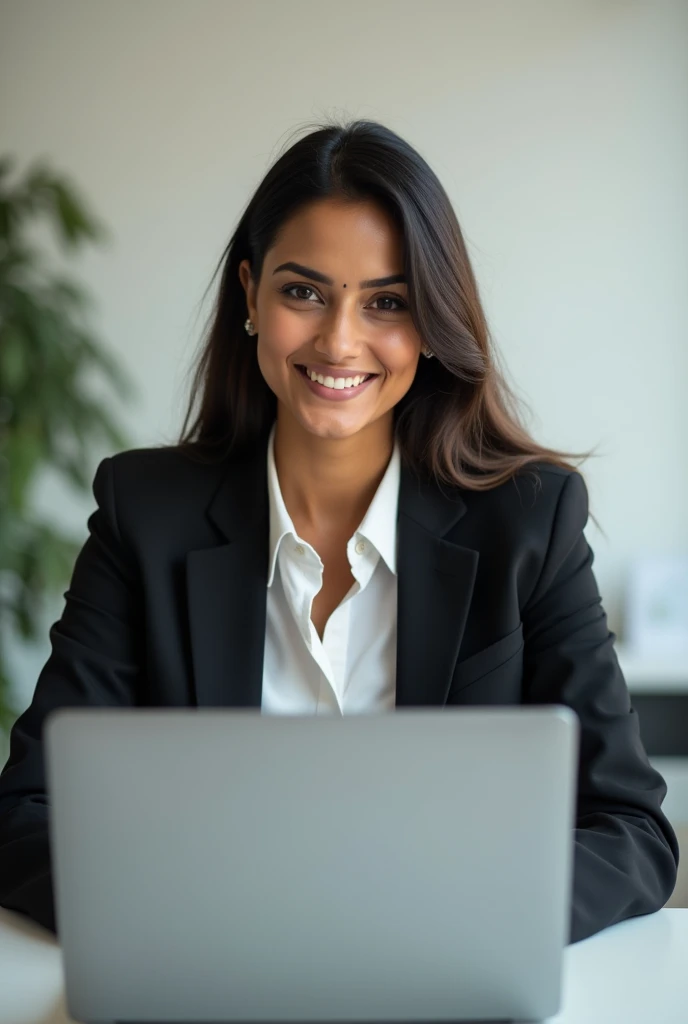 a indian beautiful female friendly looking business character in a (Dress code). Sitting behind his laptop in his studio, arms on his desk. It is (Day or Night). The room is minimalistic. Front facing to the camera, looking straight and centered, central portrait, sitting straight, front view, centered looking straight.
