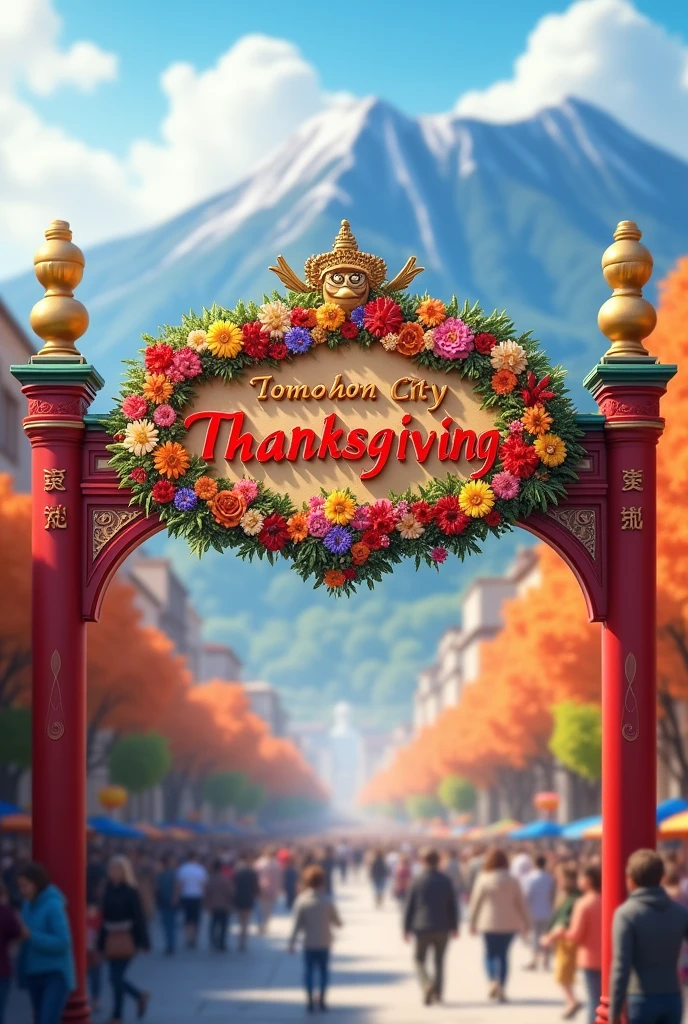 Menampilkan gambar resolusi tinggi full HD, create a text from colorful flowers with letters written on it "TOMOHON CITY THANKSGIVING" hanging on the city gate and displayed on the beautiful gate carved with an owl symbol, looks like a city atmosphere during the day which is busy and blurry, beautiful city background and mountains, Realistic