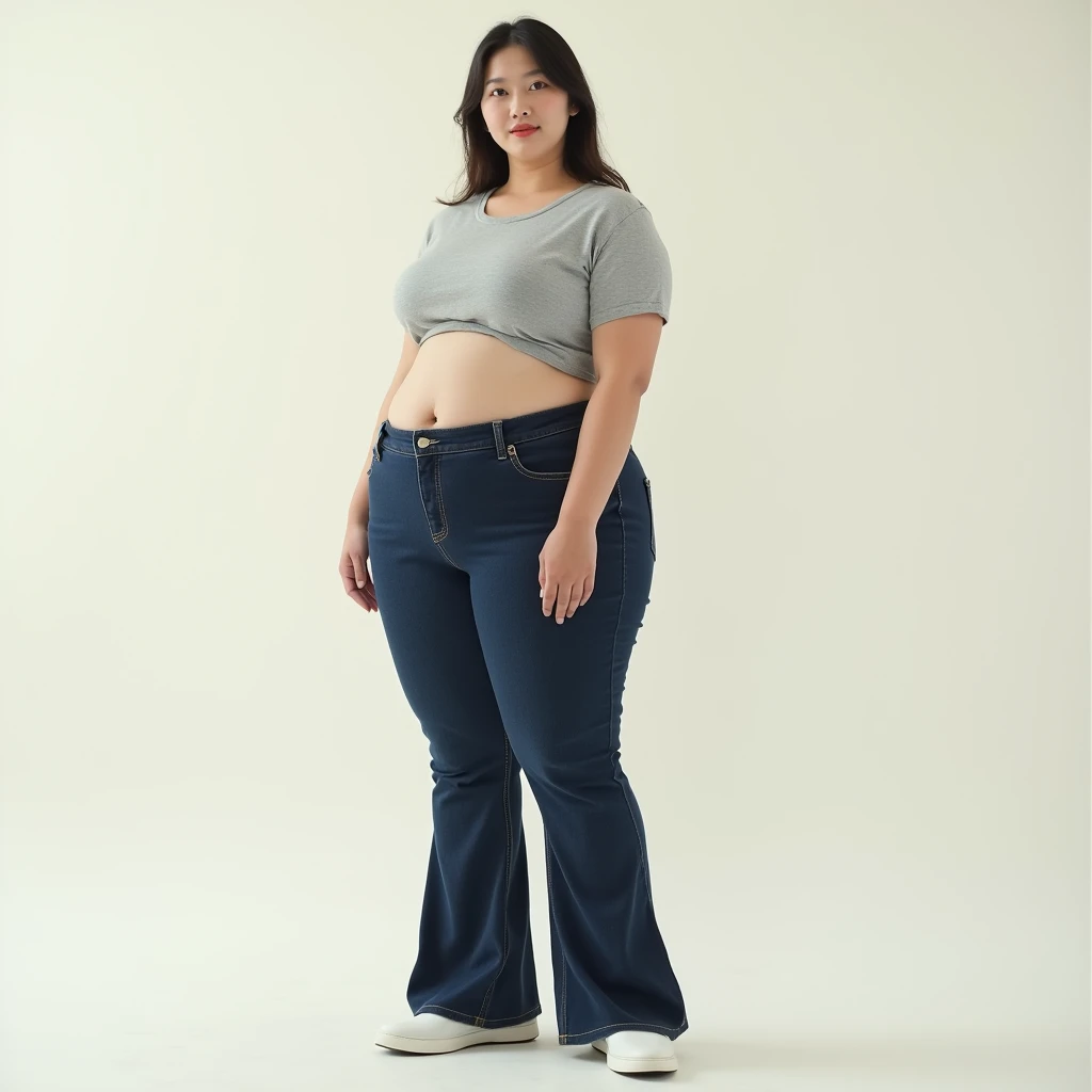 image captured with a Sony α7 III camera, full body shot, an extremely narrow waist, dramatically wide hips, and a full bust. The proportions are highly stylized, with a sharp contrast between the tiny waist and the expansive curves of the hips and chest, young Asian woman early 20's, flared jeans in dark Blue color, fitted waist tee in gray color, standing, white shoes, creamy white background.