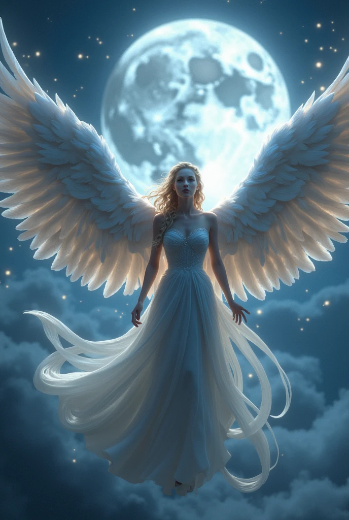 Queen with big feathery wings with soarkling light through moon