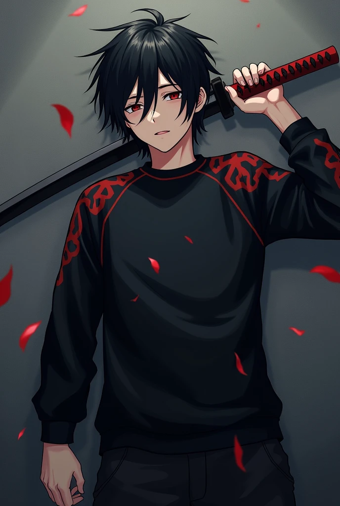 AN unconscious and dying male character with black hair thrown to one side, a black sweatshirt with red details and a katana