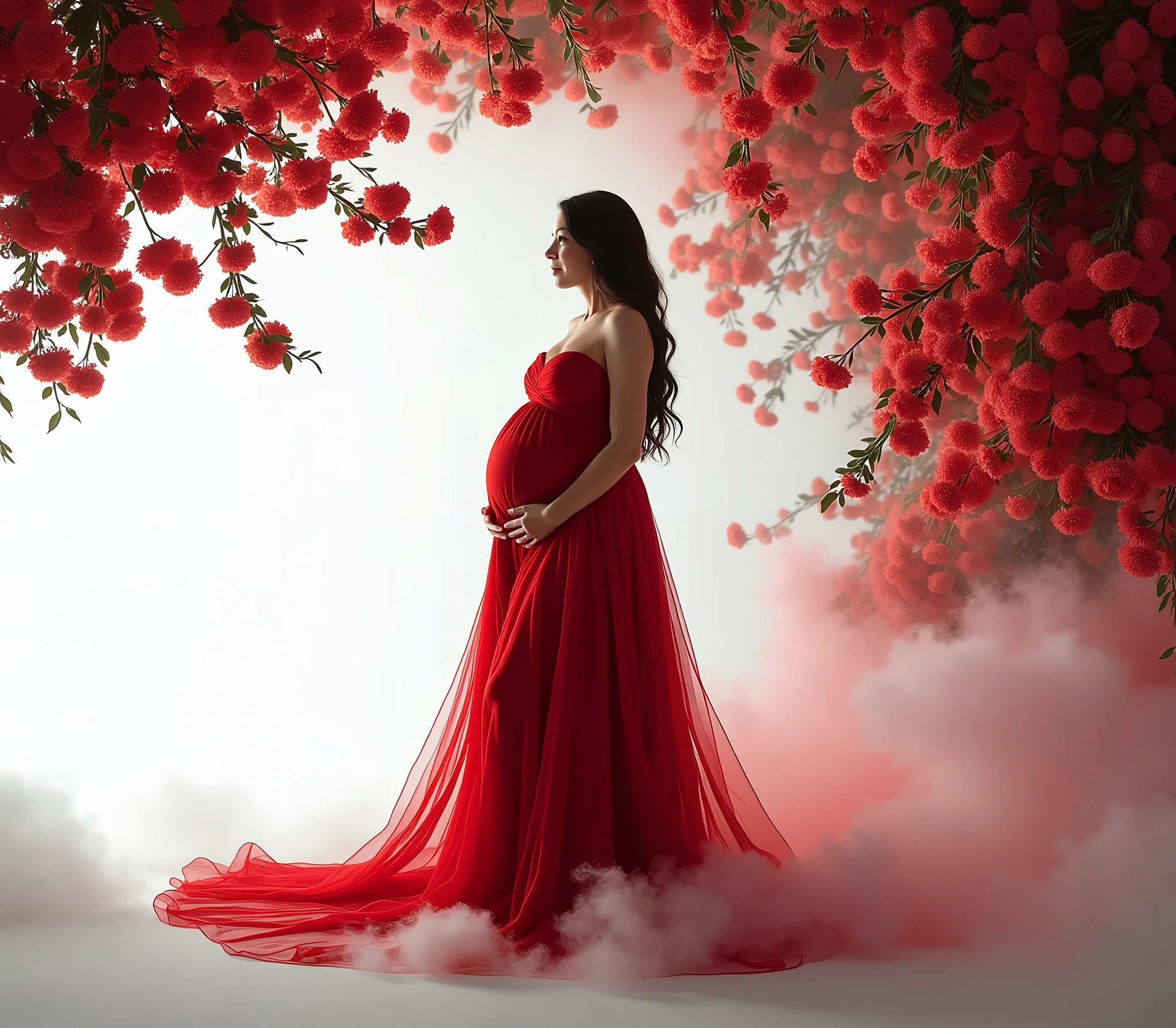 pregnant woman in yellow gown standing in front of floral with curtain , a picture inspired by Gabriel Ba, tumblr, conceptual art, red gown, maternal photography 4 k, flowing red gown, draped in velvet and flowers, stunning elegant pose, long luxurious gown, modest flowing gown, !!beautiful!!, long luxurious flowing gown, in front of white back drop, amazing professional picture, add some smoke and cloud in ground , red dress