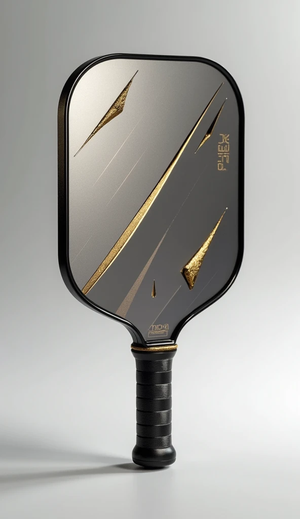 Create an image of a high-end pickleball paddle designed for players aged 30-50. The paddle should exude luxury and sophistication, featuring a sleek, premium design with high-quality materials. Incorporate elegant colors such as metallic silver, gold accents, or deep, rich tones. The paddle should have a refined and ergonomic shape with a comfortable, high-grip handle and a striking, polished finish. Include subtle, upscale detailing and textures that emphasize the paddle’s premium nature and appeal to discerning players. The overall design should convey exclusivity and top-tier performance.