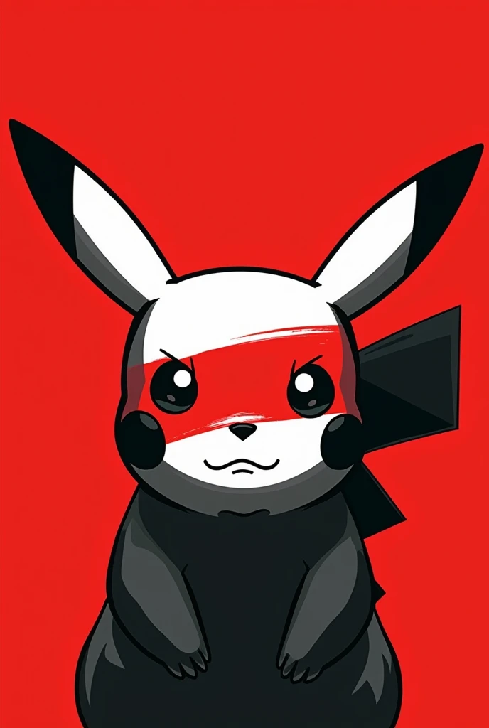 A stylized Art vectoriel portrait of Pikachu with a black and white face, partiellement obscurci par une bande rouge audacieuse sur ses yeux et sa bouche. L'arrière-plan est rouge uni. La figure semble solennelle, Art vectoriel
