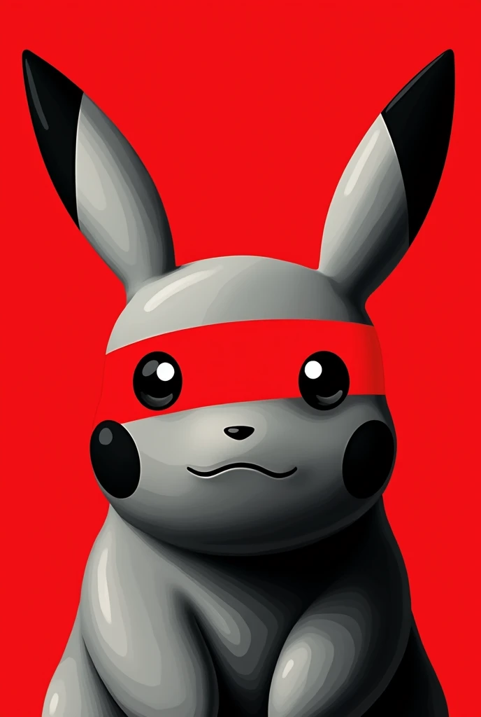 A stylized Art vectoriel portrait of Pikachu with a black and white face, partiellement obscurci par une bande rouge audacieuse sur ses yeux et sa bouche. L'arrière-plan est rouge uni. La figure semble solennelle, Art vectoriel