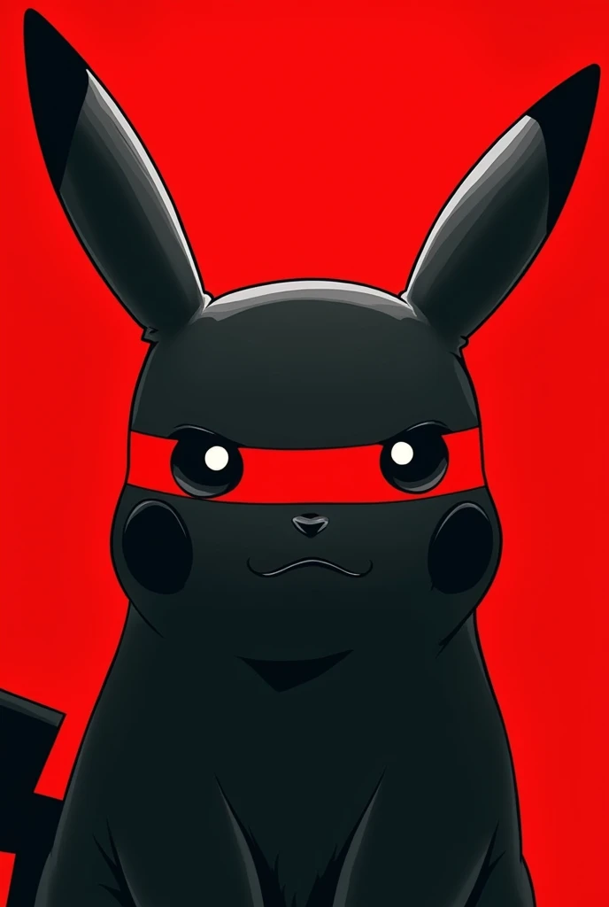 A stylized Art vectoriel portrait of Pikachu with a black and white face, partiellement obscurci par une bande rouge audacieuse sur ses yeux et sa bouche. L'arrière-plan est rouge uni. La figure semble solennelle, Art vectoriel
