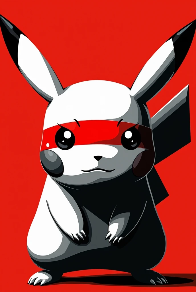 A stylized Art vectoriel portrait of Pikachu with a black and white face, partiellement obscurci par une bande rouge audacieuse sur ses yeux et sa bouche. L'arrière-plan est rouge uni. La figure semble solennelle, Art vectoriel