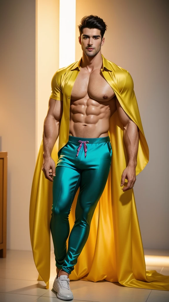 (absurdres, highres, ultra detailed, Ultra HD), ((tall handsome muscular man, solo, male model modern clothing, Full length portrait: 1.5, wearing colourful silk shirt and pants)), beautiful, gorgeous, wet, mature, perfect eyes, sexy gaze, (looking at the viewers romantically), perfect body, smooth skin, a hot glow in his skin, wide chest, largest breasts, extremely large pectorals, big nipples, breathtaking grandeur, model pose, colorful, artistic, focus on his calm facial features, elegant look, sexy posture, full body view,