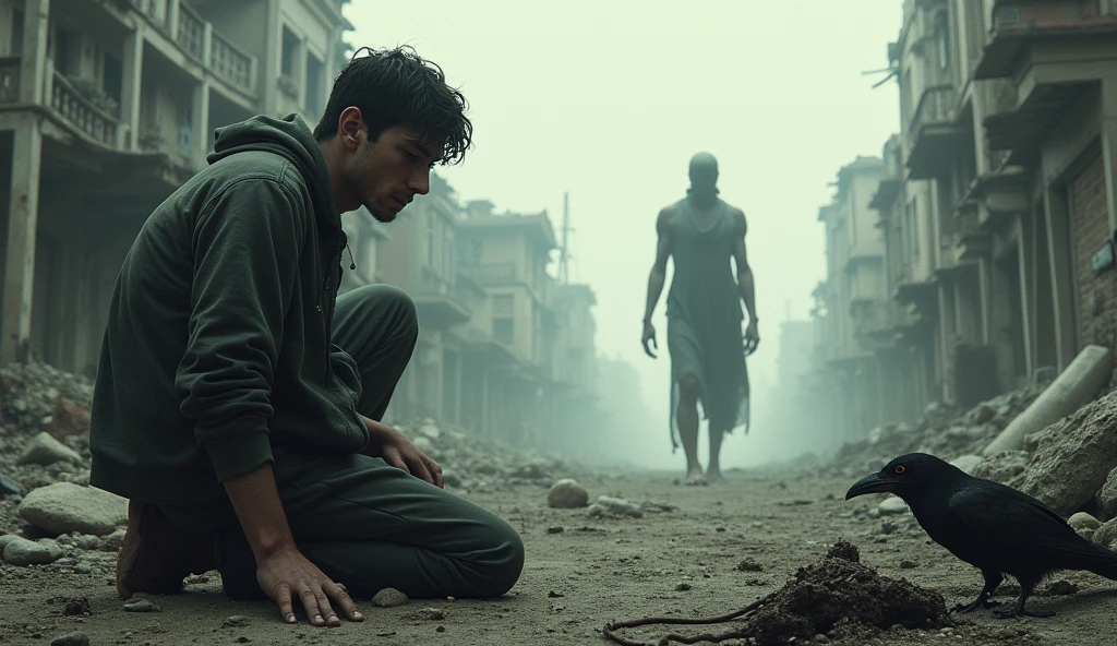 A boy age 32 years name John can't see the figure In the background there are broken buildings Many old building٫ John is sitting alone. There are also rats sitting near the crow