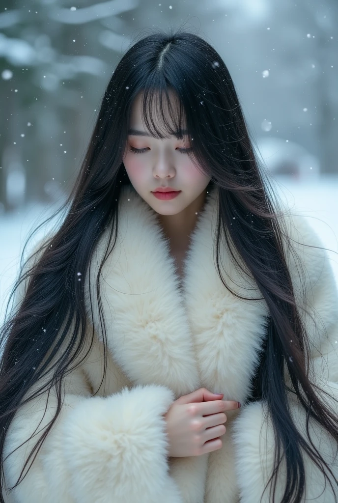 Cute Japanese girl.longhair tiil floor,full hair on floor, front body covered by hair,(((very thick hair))),(straight hair),(((the entire floor was covered in long hair))) 、Very thick, white mink fur coat, Thickness 100 cm, fluffy, Thick white mink fur collar, winter background ,
