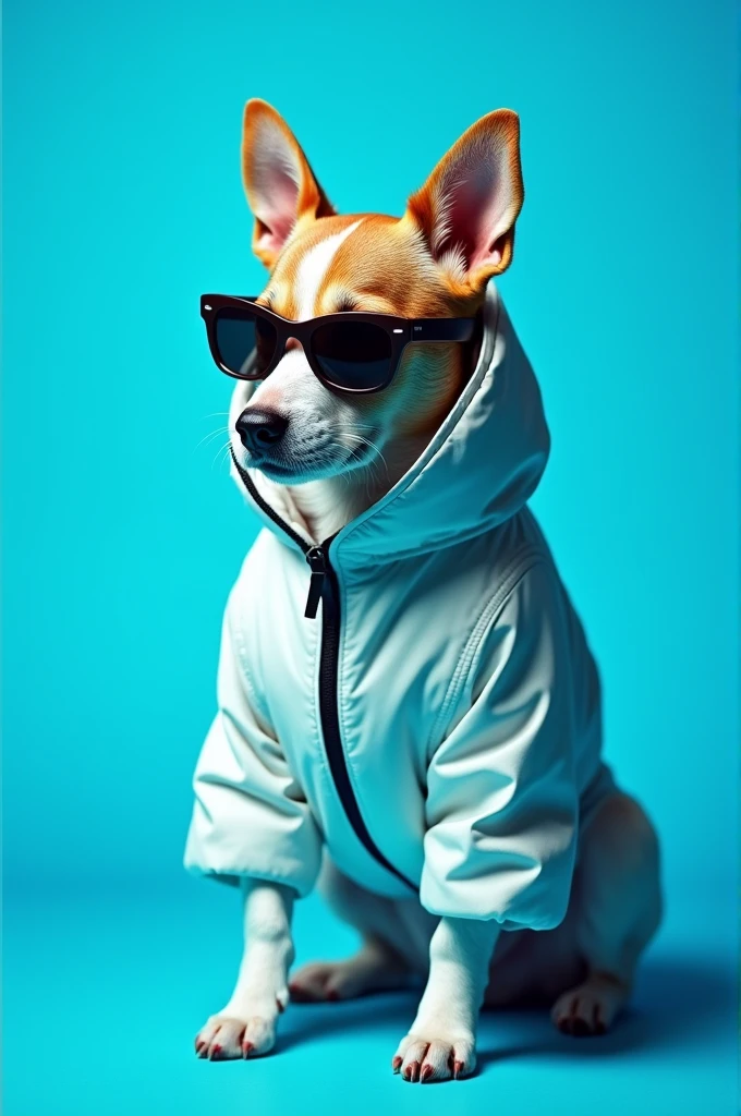 The best cell phone wallpaper, Award-Winning Wallpaper, portrait photography, In the front view is a portrait of a cute dog wearing mid-1960s space age fashion, Side view photo, Shot with Canon EOS R5, Set a strong contrast that accentuates the subject, Fluorescent blue tone, Wearing a very modern coat and sunglasses is a modern 1960s style, Clothes all in one color, beautiful background