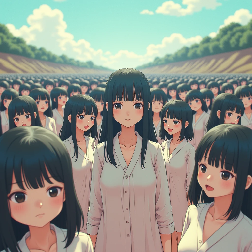 (((((Japanese Clone girls=Myself)))))), (((Best Super High quality Myself Clone girls Raw Photography Art))), (16K, Highest quality, Ultra-high resolution, RAW Photos), (((It's so unrealistic., With unparalleled depiction, With an unfathomable sight, An unprecedented and shocking worldview, Clone girls in a world of mass reproduction, Ultra-realistic))), (((Japanese, woman, 18yo, Ogura Yuko))), (Small face, ((Thick black hair, Semi-long hair))), ((V-neck short-sleeve dress)), (((((Very detailed美しい女体, Accurate body structure, Very detailed完璧な, Super busty body with very large breasts, Clearly emphasizes cleavage))))), (((Dark Eyes, Mature face, Cute Smile, A gentle gaze))), (((Her happy and smiling expression is so cute))), ((((((((Very detailed分身増殖描写, ((1girl→Myself cloning→1,000,000,000,000,000,000,000,000,000,000,000,000,000,000,000,000,000,000,000,000Myself Clone girls)))))))))), ((((((((Very detailed, The precise depiction of the proliferation of Myself Clone girls, ((With the perfectly identical bodies of Myself clone girls, With the exact same face as the Myself clone girls, With the exact same hairstyle as the Myself clone girls, In the exact same clothes as the girls who are my clones, Perfectly the same height as the Myself clone girls, Super big breasts, just like the Myself clone girls)))))))))), (((Myself clone girls only))), (((Multiple pairs, Very detailed depiction, (Myself clone girls hug each other, Myself clone girls assemble, Fun conversations with fellow Myself clone girls, A fun conversation between Myself clone girls, Myself clone girls holding hands, Walking with lots of Myself clone girls)))), (((Everyone looks at the camera))), (((Unbelievably crowded, Transcendent Myself clone girls intimately, Countless Myself clone girls surround you in 360 degrees))), (Bright, soft sunlight), (((Very wide field of view, Very detailed, Detailed ultra-perspective depiction with clear depth, wide view))), (((((Landscape with a curved slope))))), (((Very photographic and detailed depiction, Myself clone girls will multiply infinitely and fill the surroundings from one side to the horizon with their bodies tightly packed together without any gaps., A scene of endless Myself clone girls and a fun atmosphere))), (Focus on the average value of the image)