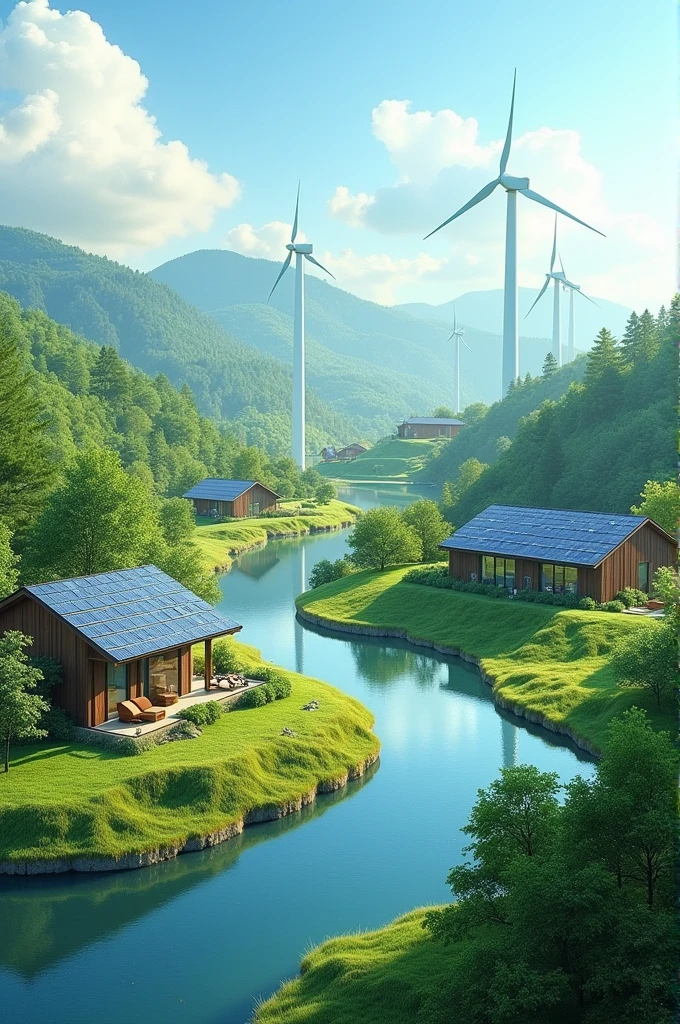 Clear natural environment by using renewable energy with solar panels on houses and windmills too

