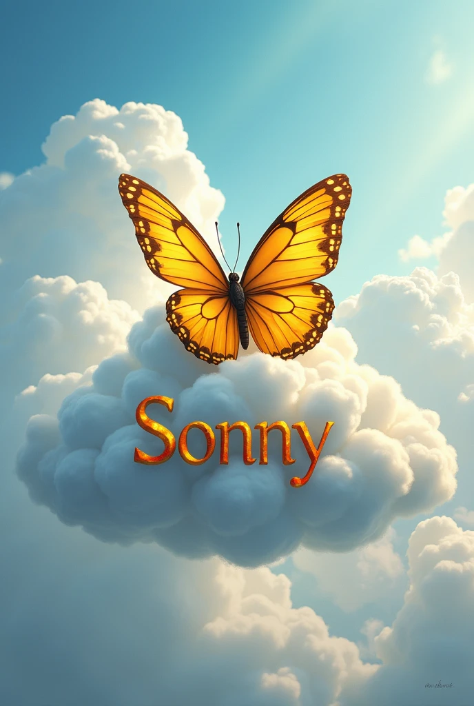 I want a realistic image of a yellow striped butterfly resting on a cloud in the colors of Portugal and on this cloud the first name Sonny. I want the first names “Fanny Julian Lya” on the image, I want the whole image to be realistic, I want a pretty background behind it