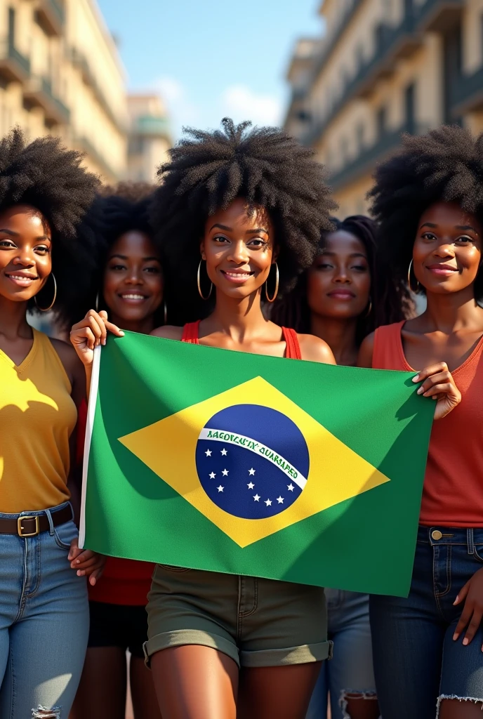 Create an image of black women with natural hair holding the flag of Jaboatão de Guararapes with the phrase Councilor Ely Araújo 33133