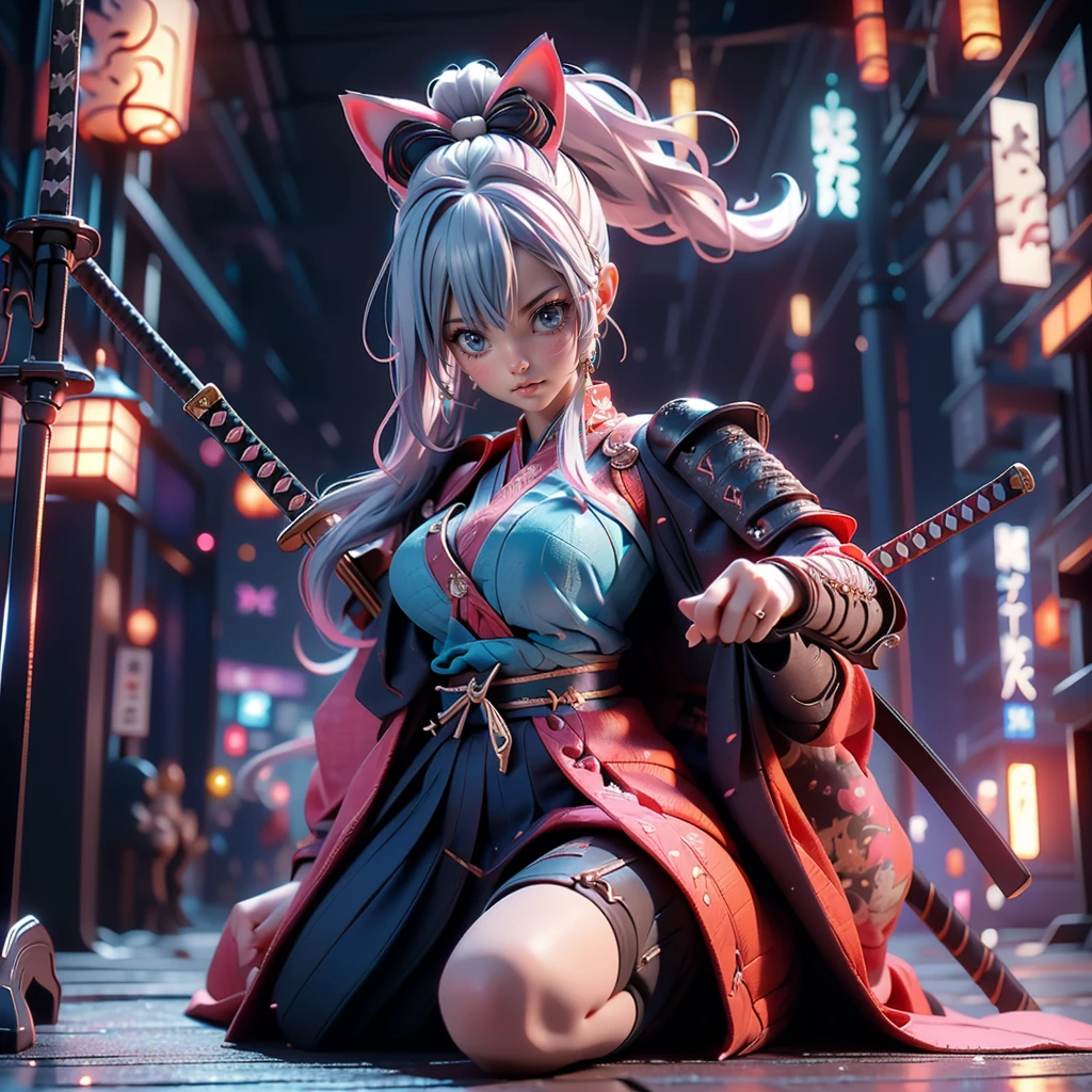 Moisturized Skin, (blue eyes), Realistic body, (Adult female body), Attractive breasts, ((Overlord color supremacy)), Energetic, 3DCG, front, Pink lipstick, (Silver Hair), ((Cat ear)), Beautiful Hair, Long Hair, ponytail, (((Samurai Armor: 1.3))), ((masterpiece + Highest quality + High resolution + Very detailedな)), (whole body: 1.2), Perfect fingers, Perfect limbs, Depiction from above, Anatomically correct, Textured skin, Very detailed, (No cat tail needed), Anime character holding a sword in the night city、Very beautiful cyberpunk samurai、She has a sword、Dramatic Katana Wielding Pose、Pulling out the sword。