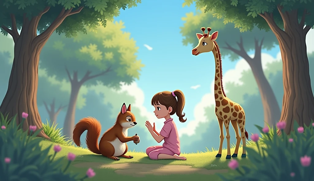 A very sad squirrel with a sad face holding a nut sits with a little cartoon girl in pink pajamas and a giraffe in the forest