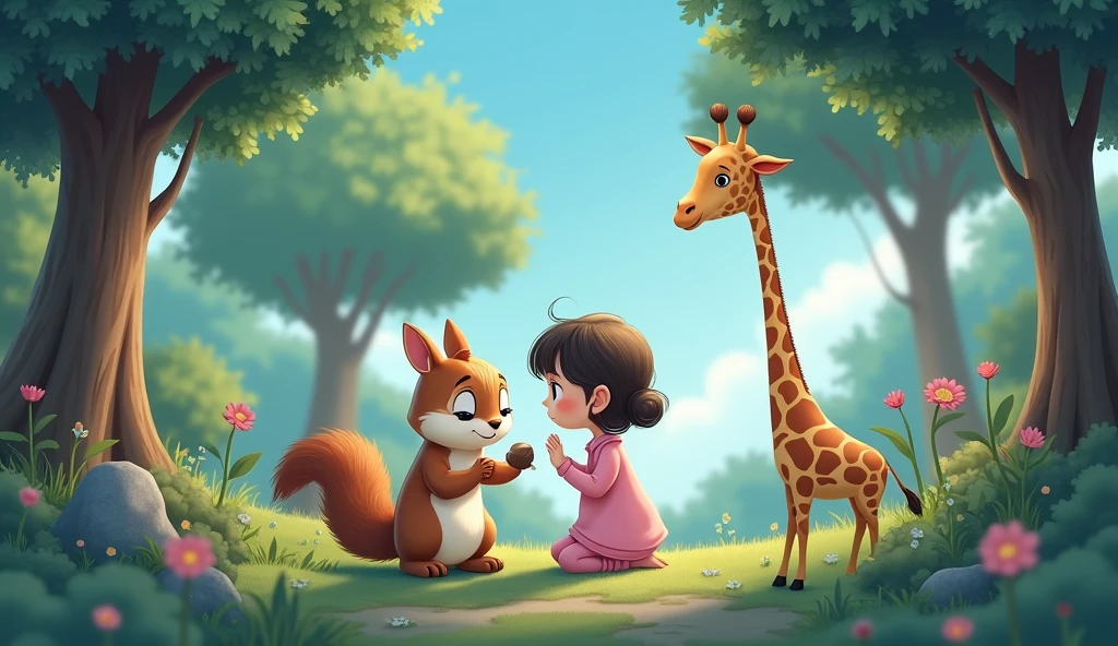 A very sad squirrel with a sad face holding a nut sits with a little cartoon girl in pink pajamas and a giraffe in the forest
