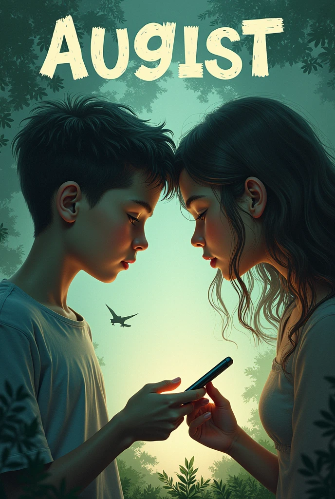 A book cover with title  AUGUST  with a boy and girl  in a sperate world with their phone in black shadow
