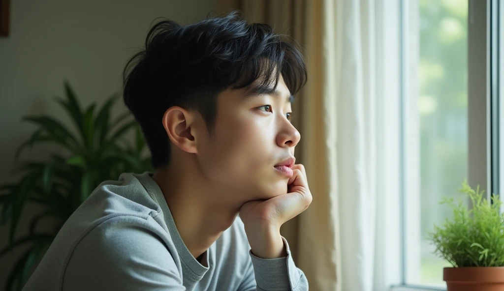 A Japanese male college student wearing fashionable clothes is looking out the window with a calm expression, resting his chin on his hand,Excited, Photo of your face, In a calm room, with a natural look, With a slightly tired look, tilt your face a little, Diagonal orientation, Average face