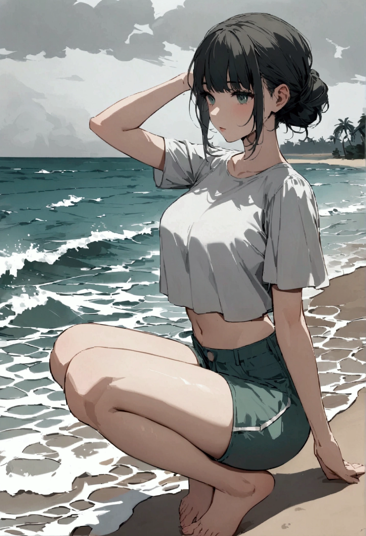 Young latina woman with black hair in a buzz cut hairstyle of hourglass silhouette, she wears a cream colored crop tshirt And shorts, she front faces the camera with the sea behind her The golden sand is soft and warm under her bare feet. Gentle waves break against the shore, leaving white foam as they retreat into the clear blue-green water. the horizon behind her head in an overcast And grey morning