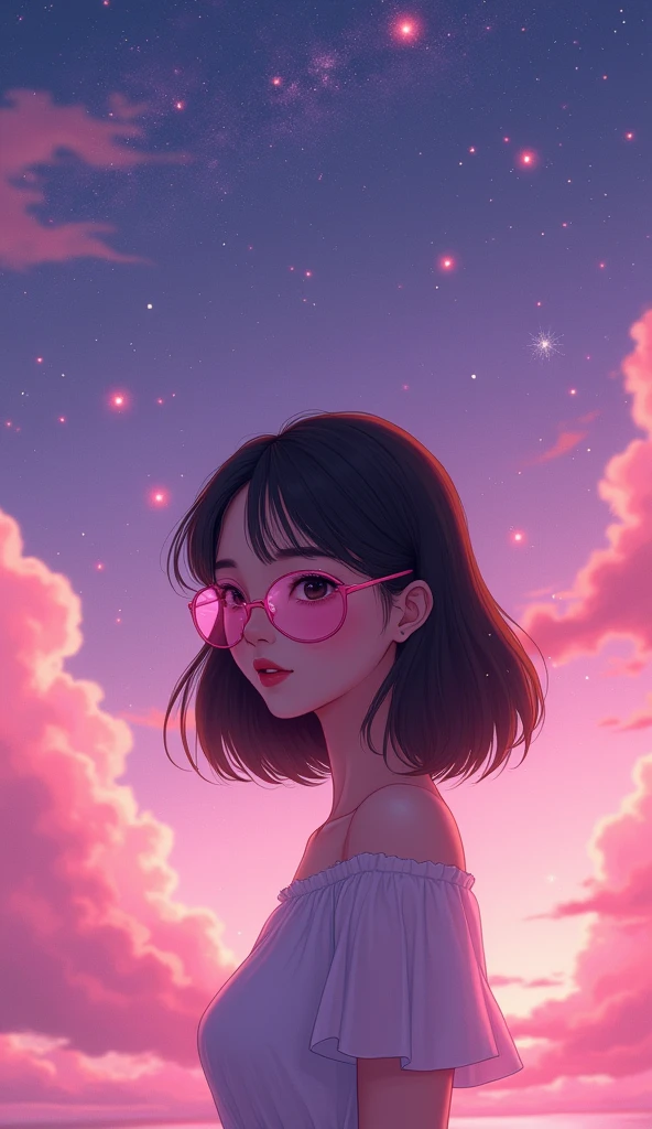 A wallpaper of pink and purple sky full of stars、A slim woman with medium length dark brown hair and pink glasses