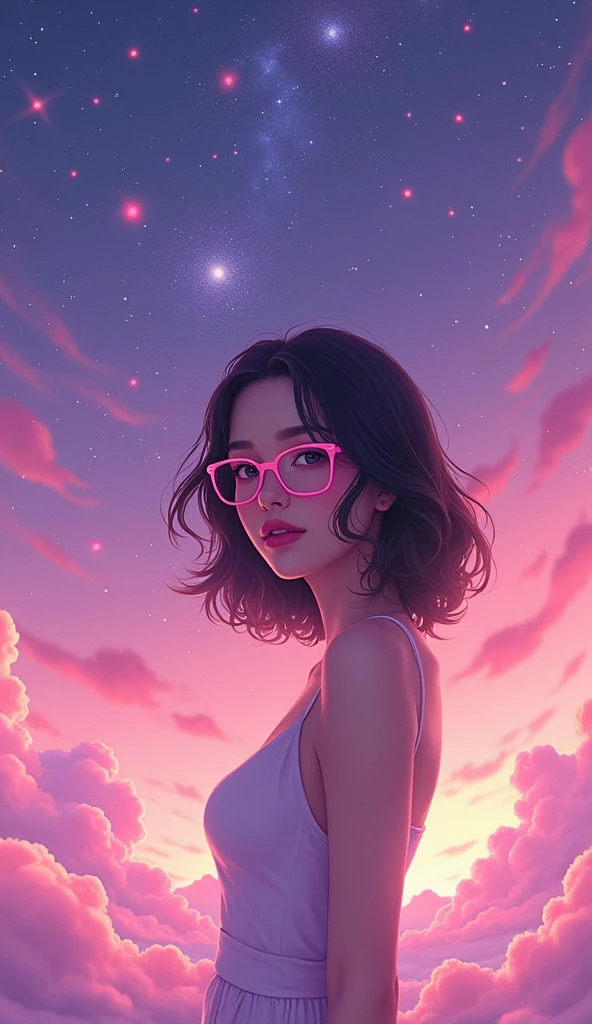 A wallpaper of pink and purple sky full of stars、A slim woman with medium length dark brown hair and pink glasses