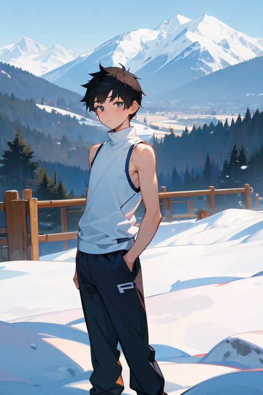 Snowy mountains in the background、An elementary school boy standing wearing a tight white Y-back tank top