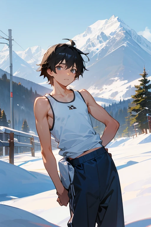 Snowy mountains in the background、An elementary school boy standing wearing a tight white Y-back tank top