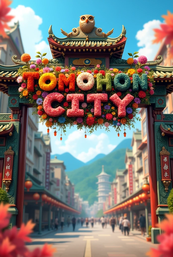 Menampilkan gambar resolusi tinggi full HD, create a text from colorful flowers with letters written on it "TOMOHON CITY THANKSGIVING" hanging on the city gate and displayed on the beautiful gate carved with an owl symbol, looks like a city atmosphere during the day which is busy and blurry, beautiful city background and green mountains, Realistic