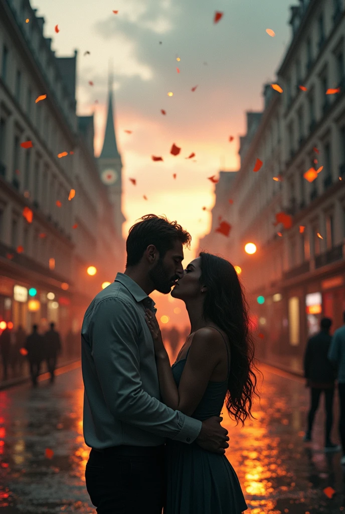 2024 London in chaos; couples kissing in the streets. Bombs falling from the sky