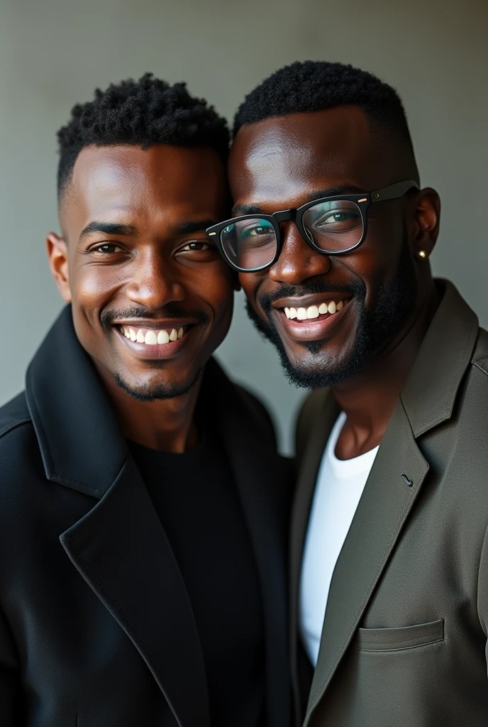 Create a 2 dark skinned man, with black hair low military cut, thick lips, slightly thick nose, Cao Cao (1,80 cm), slightly muscled, with casual clothes, who wears glasses and has a nice smile